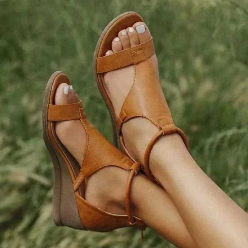 2024 Summer New Womens Retro Open Toe Sandals Womens Wedge Sandals PU Leather Middle Heel Sandals Womens Plus Size 43 Y241011