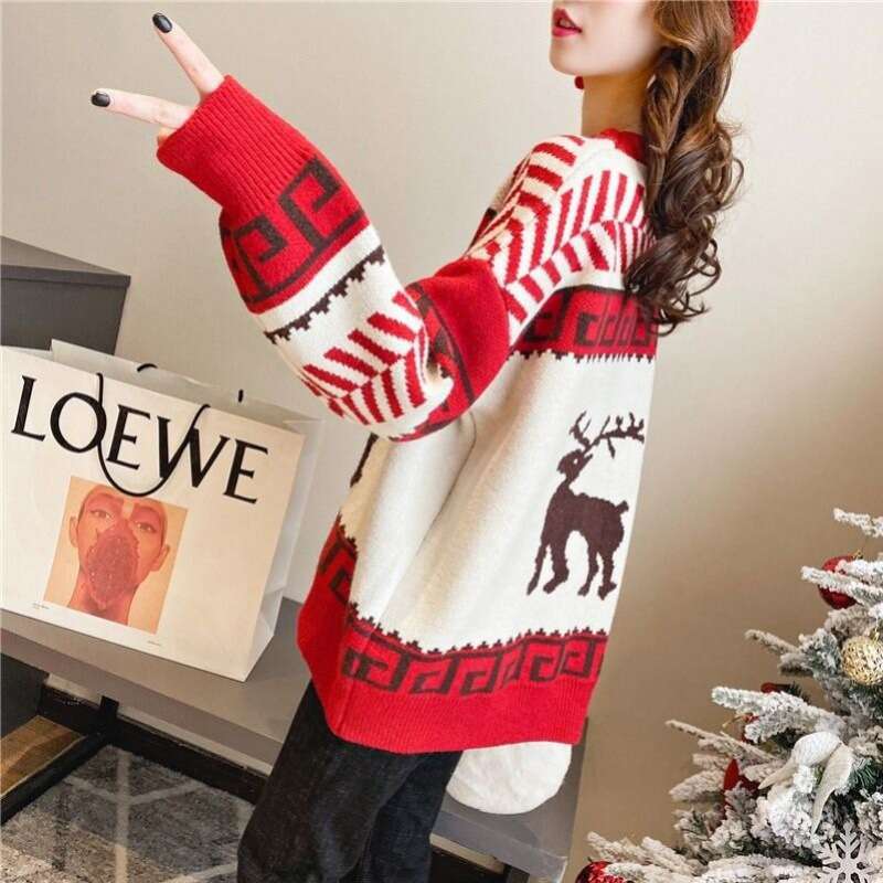 Christmas sweater for autumn winter 2023 short sleeved new deer pullover, internet famous loose and lazy style knitted top