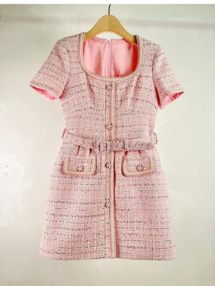 French little perfume tweed dress autumn womens short sleeved celebrity button plain wool belt short vest 241010