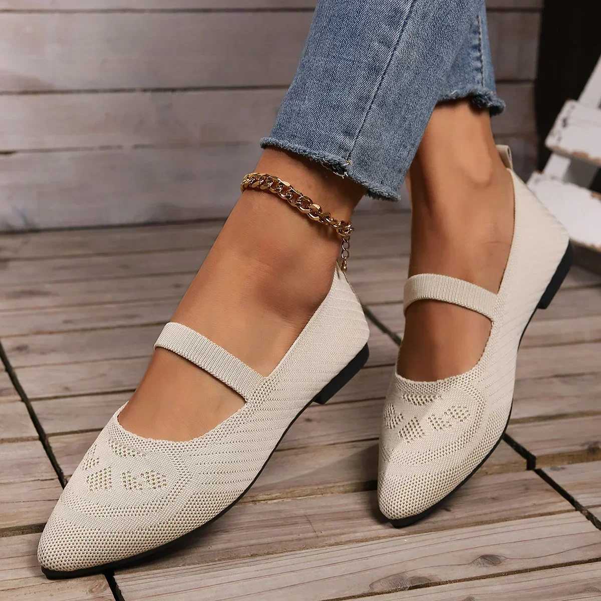 Womens Pointed Toe Flat Shoes Solid Color Knitted Shoes Casual Breathable Ballet Flat Shoes Zapatos Mujer 2024 Tendencia Y241011
