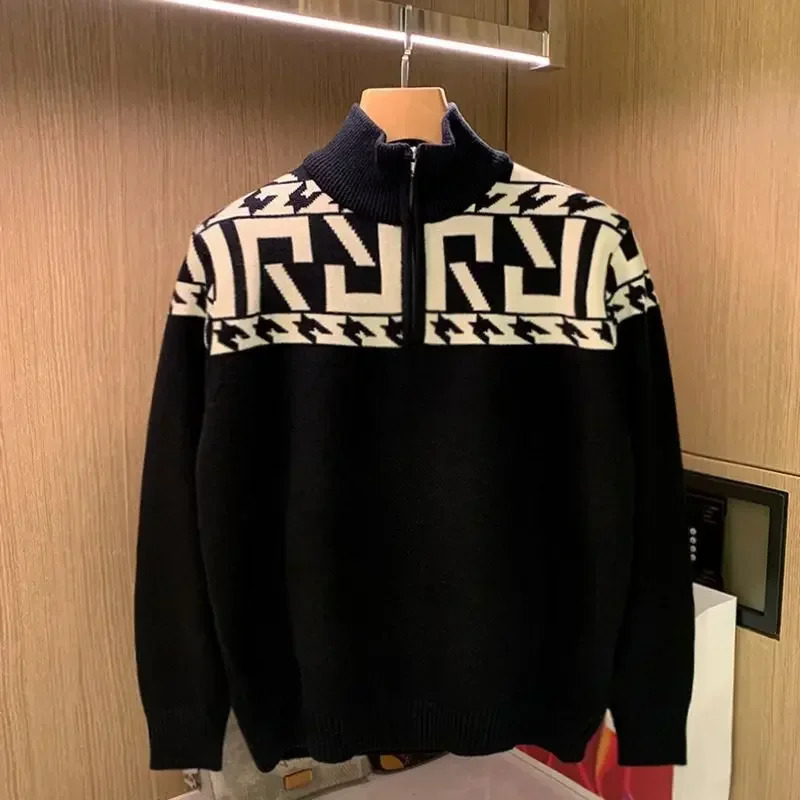 Mens collar zipper knitted sweater mens jacket flat floral jacket zipper Maltry Korean fashion large size 241007