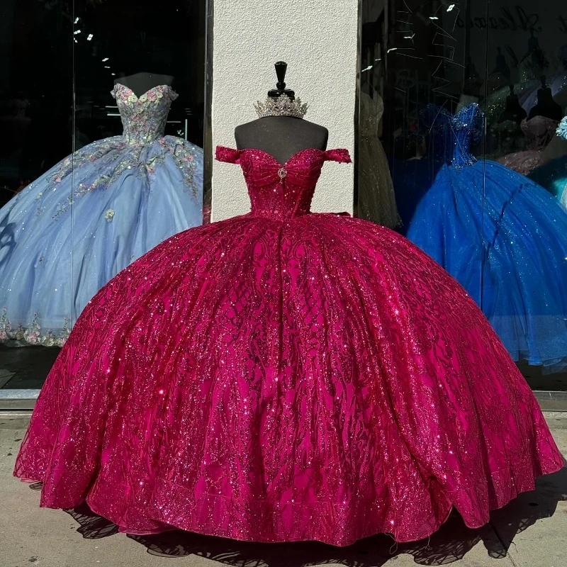 Red Ball Gown Quinceanera Dresses Princess Sequin Applique Lace Beads Bow Tulle Vestidos De 15 Anos Birthday Party Sweet 16 Dress