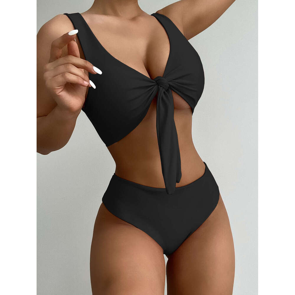 2023 New Swimsuit, Tight Fitting Backless Bikini, Women's Sexy High Waisted Solid Color Bikini