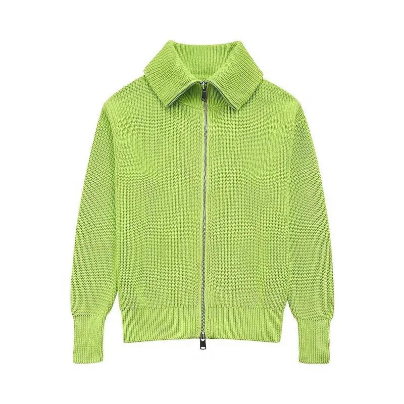 Knitted Cardigan Sweater Fashion Zipper Long Sleeve Sweaters Coat Autumn 2024 Turn Down Collar Womens Casual Cardigans 241007