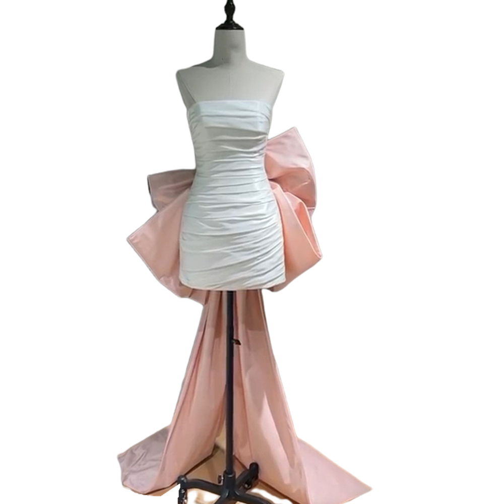 Mini Short Sheath Civil Wedding Dress With Detachable Bow Train Pleats Strapless Sleeveless White And Peach Pink Satin Bridal Gown Beach Boho Style