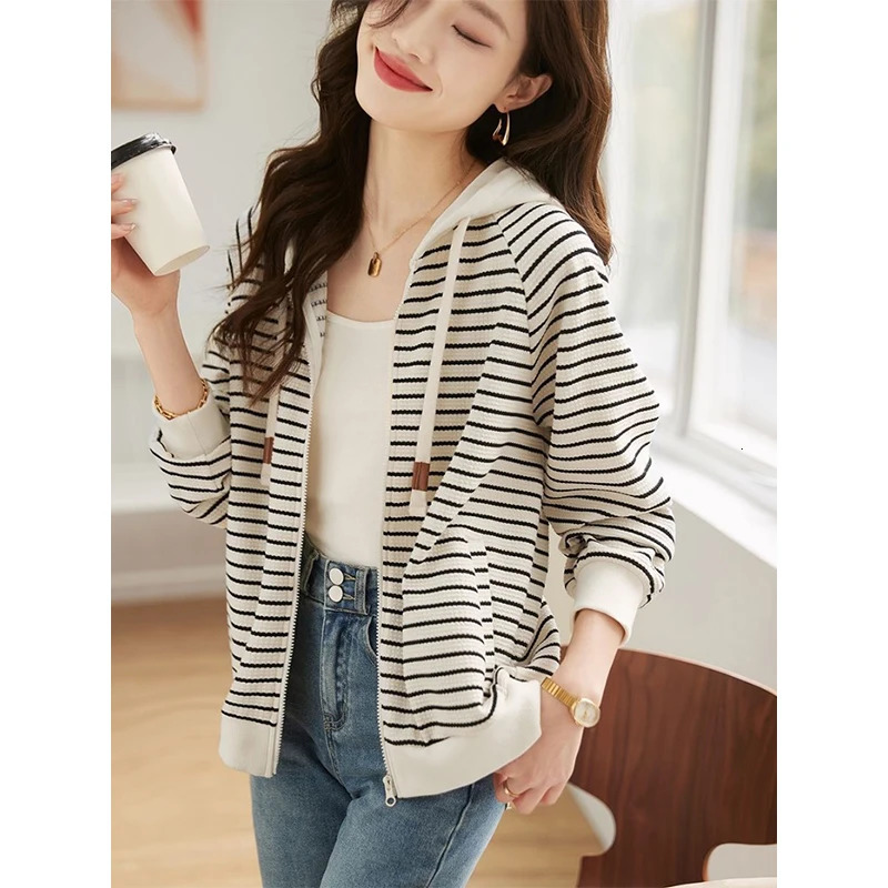 Womens autumn fashion office womens loose striped long sleeved hooded sweatshirt womens clothing casual full matching slim fit jacket 241011