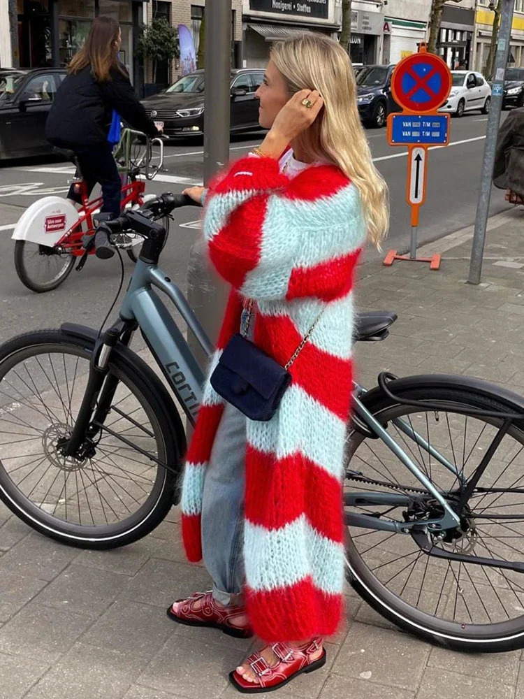 Fashion Stripe Long Cardigan Sweater Women Lantern Sleeve Loose Oversize Knitted Coat Autumn Lady Chic Streetwear Overcoat 241007
