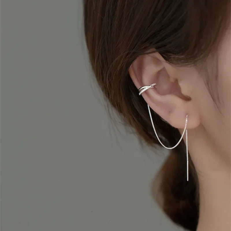 Silver Color Crystal Tassel NonPiercing Cuff Ear Clip Earring For Women Shiny Chain Cartilage Piercing Jewelry y240906