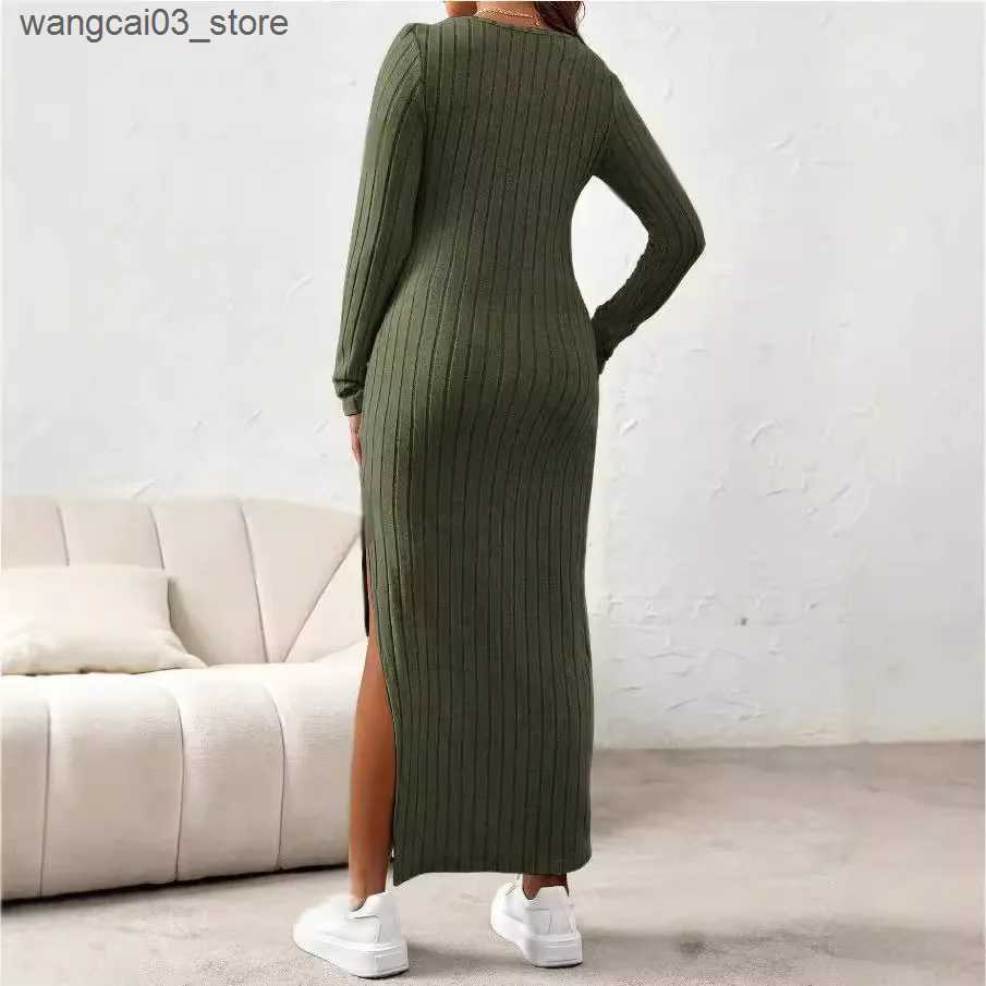 Maternity Dresses Side Splits A Line Slim Knitted Dress Maternity Autumn Winter American Casual Long Sleeve Clothes for Pregnant Women Pregnancy L2409