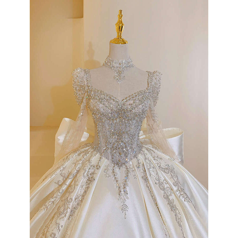 New Sweet Square Collar Satin Wedding Dress Plus Size Custom Lace Up Bridal Ball Gown Vestido De Noiva or Or Train