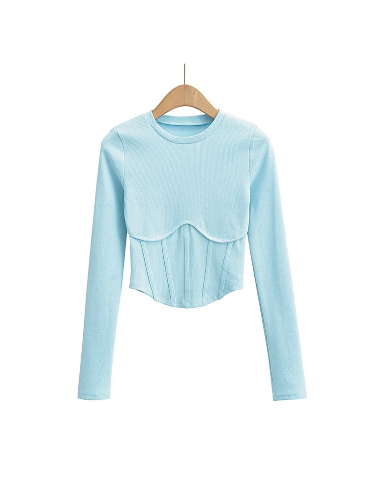 Vintage y2k streetwear white crop tops women long sleeve tees sexy o neck cropped t shirt bright line black cute ribbed 241011