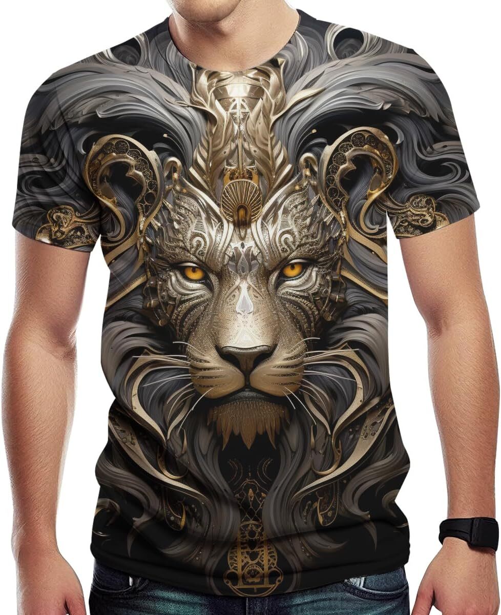 Mens T shirt Lion T-Shirt for Men Muscle Fitness Short Sleeve Lion Printed T-Shirt Personalized Sweatshirt Fashionable graphic tee Casual tops summer 