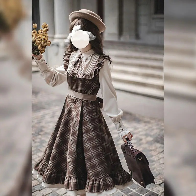 Coalwell military plaid coarse woolen womens clothing autumn and winter vacation two pieces literary sweet retro style long womens clothing 241010