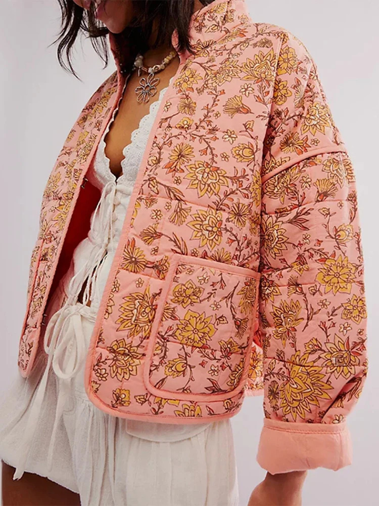 Fashionable floral print womens jacket casual stand collar long sleeved loose womens jacket winter womens jacket 240927