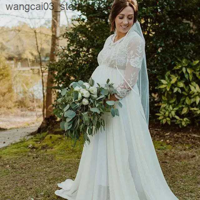 Maternity Dresses Lace Chiffon Maternity Dress Long Sleeve Lace Maternity Blue Photography Dress Party Dresses White Photo Props for Photo Shoot L2409