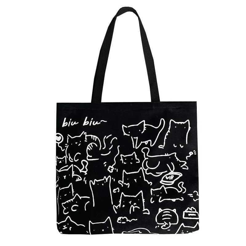 Womens canvas shopping bag environmentally friendly reusable foldable shoulder bag large capacity handbag casual and cute womens shopping bag Y241011
