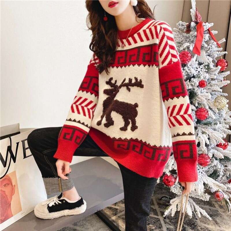 Christmas sweater for autumn winter 2023 short sleeved new deer pullover, internet famous loose and lazy style knitted top