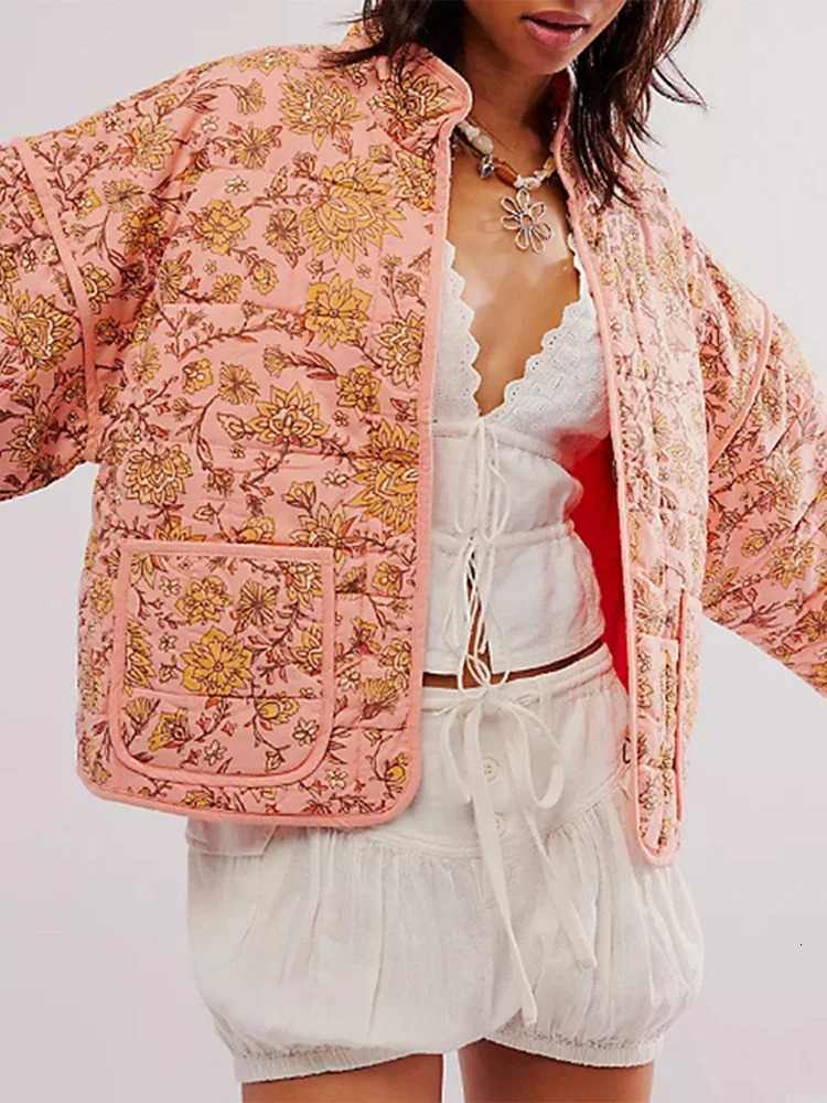 Fashionable floral print womens jacket casual stand collar long sleeved loose womens jacket winter womens jacket 240927