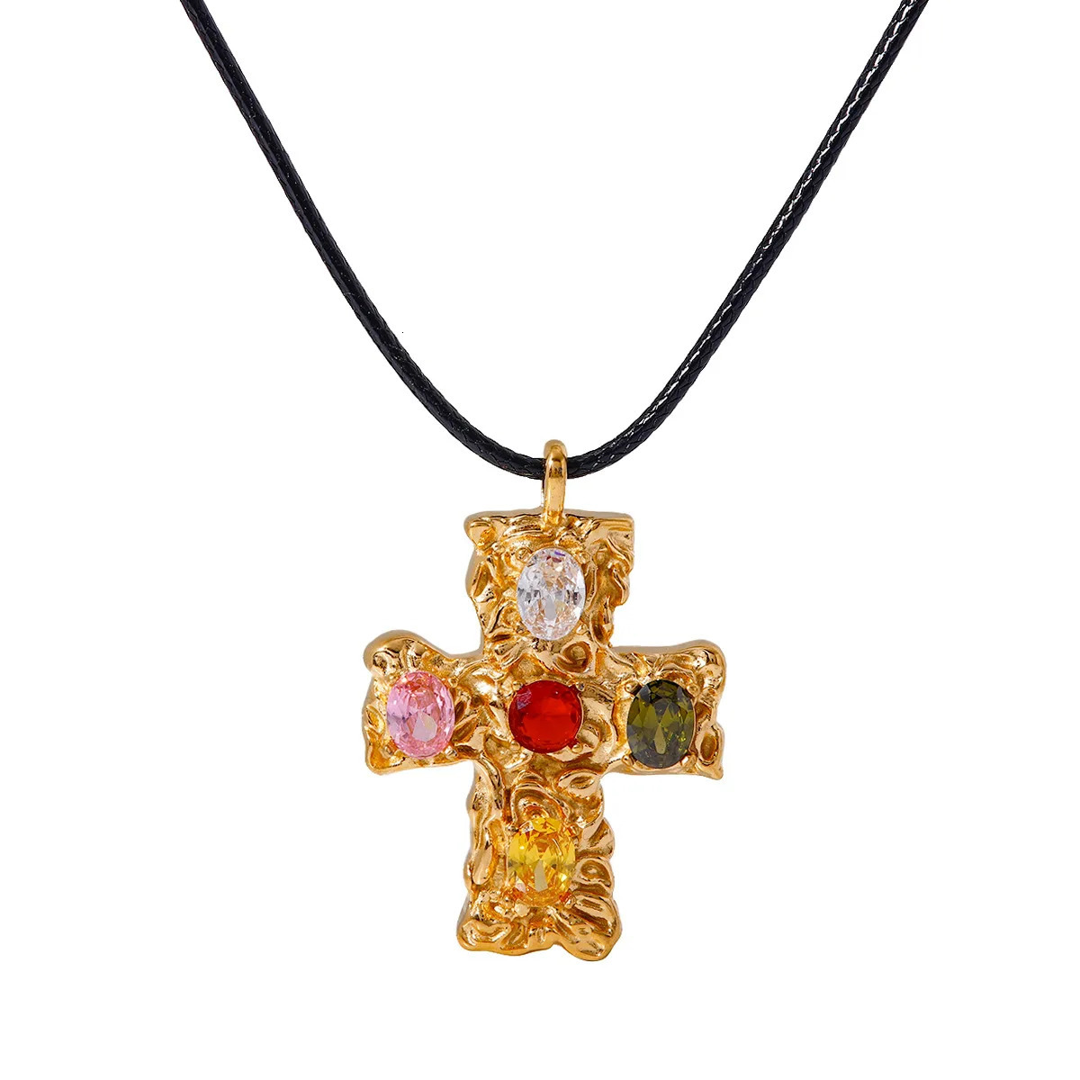 18K gold stainless steel pendant wax rope colored zircon/hammer cross set zircon necklace 240929