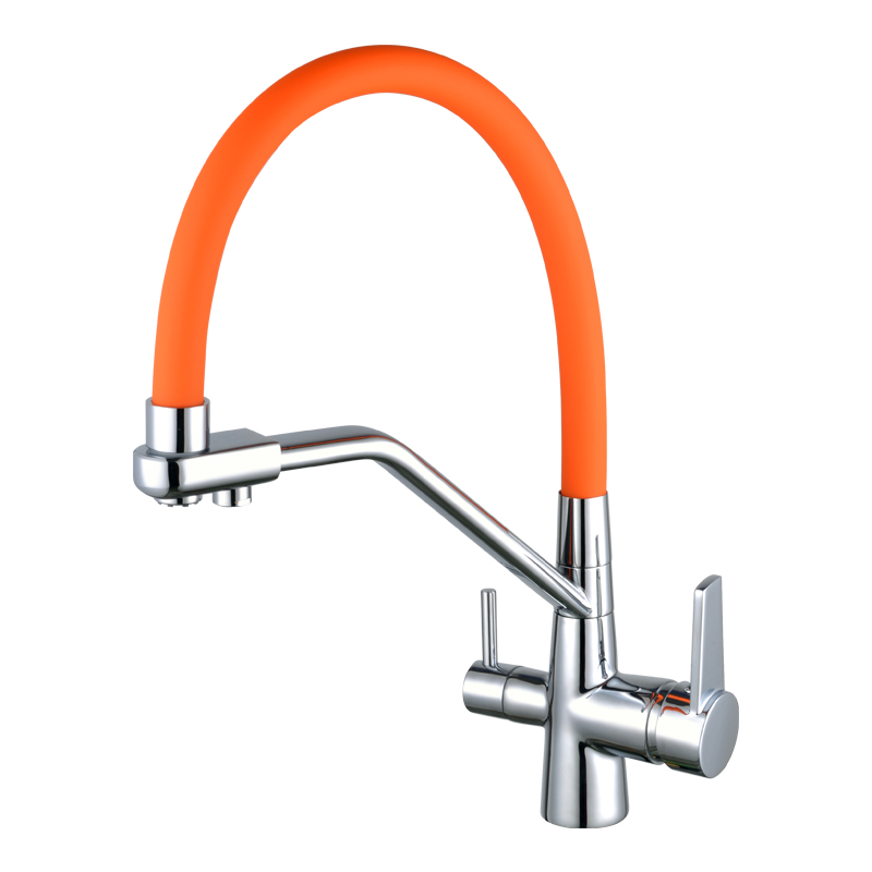 Kitchen faucet brass faucet hot and cold water faucet pure water faucet any telescopic double handle faucet orange tube