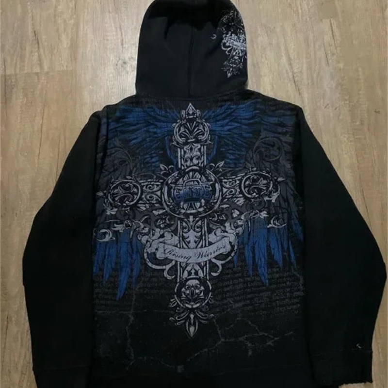 Woman Hoodie Gothic Embroidery Hoodies Y2k Anime Casual Loose Harajuku Oversize Hip Hop Long Sleeve Zipper Tops Korean Punk 240919