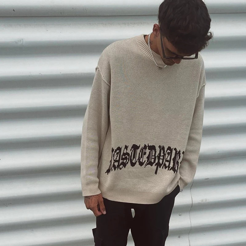 Aesthetics Hip Hop Gothic Y2K Letter Embroidered Knitted Sweater Harajuku Mens and Womens Loose Top Perforated Sportswear 241007