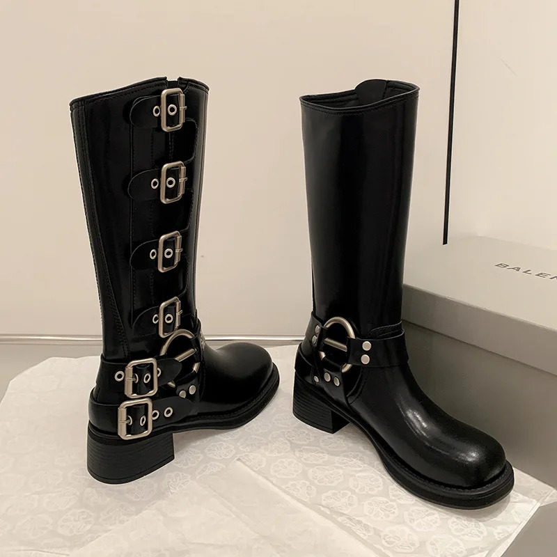 Platform combat boots Zip Chuny Heel buckle retro fashion casual western small leg boots for women 241007