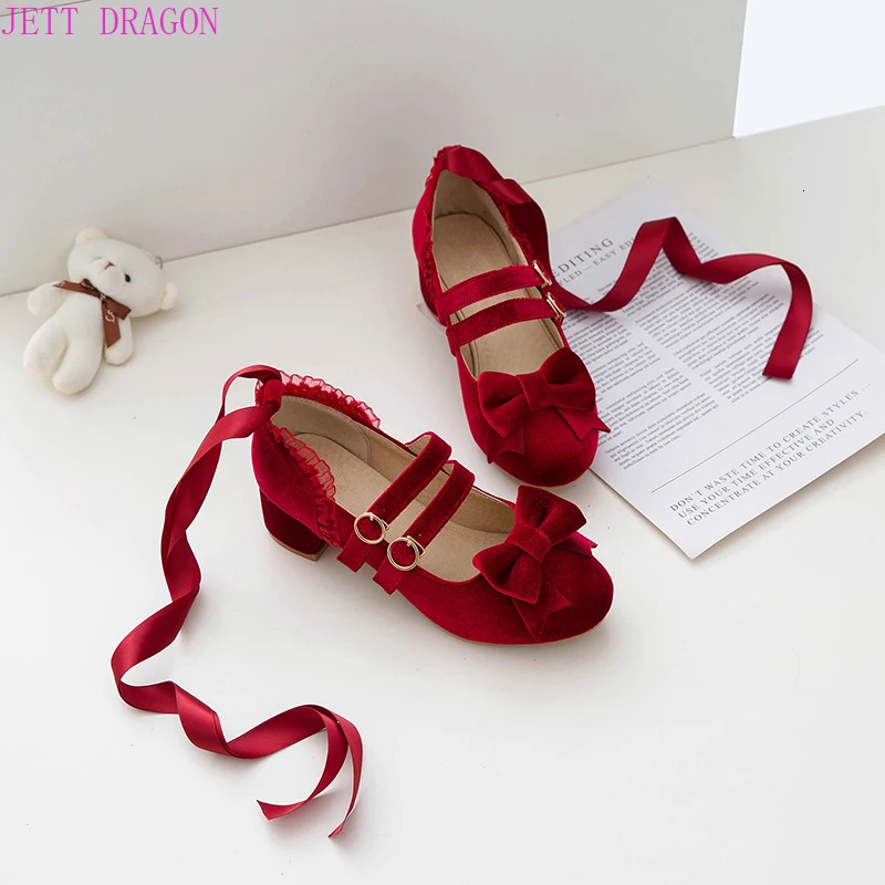2025 new Spring Autumn Women Pumps Lolita Platform High Heels Red Lace Mary Jane Bow Block Heel Ladies Party Shoes 240927
