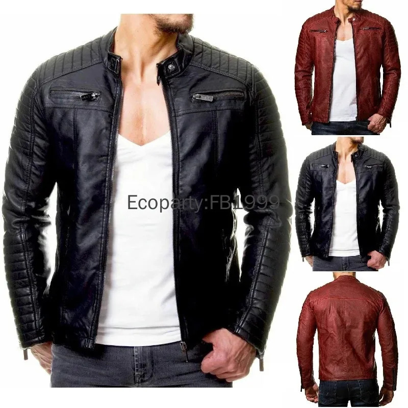 Mens Fashion Pu Leather Jacket Red Black Slim Oneck Zipper Spring Autumn Casual Windproof Coat Male Clothing 241008
