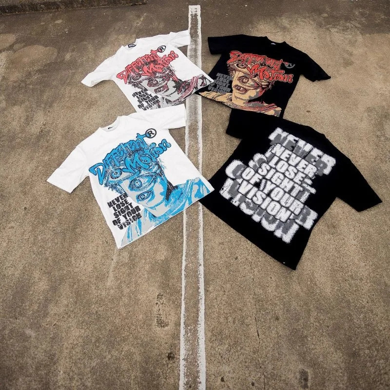 Retro printed pattern Tshirt for women with Y2k letters on the front and back short sleeved street style highend men 241011