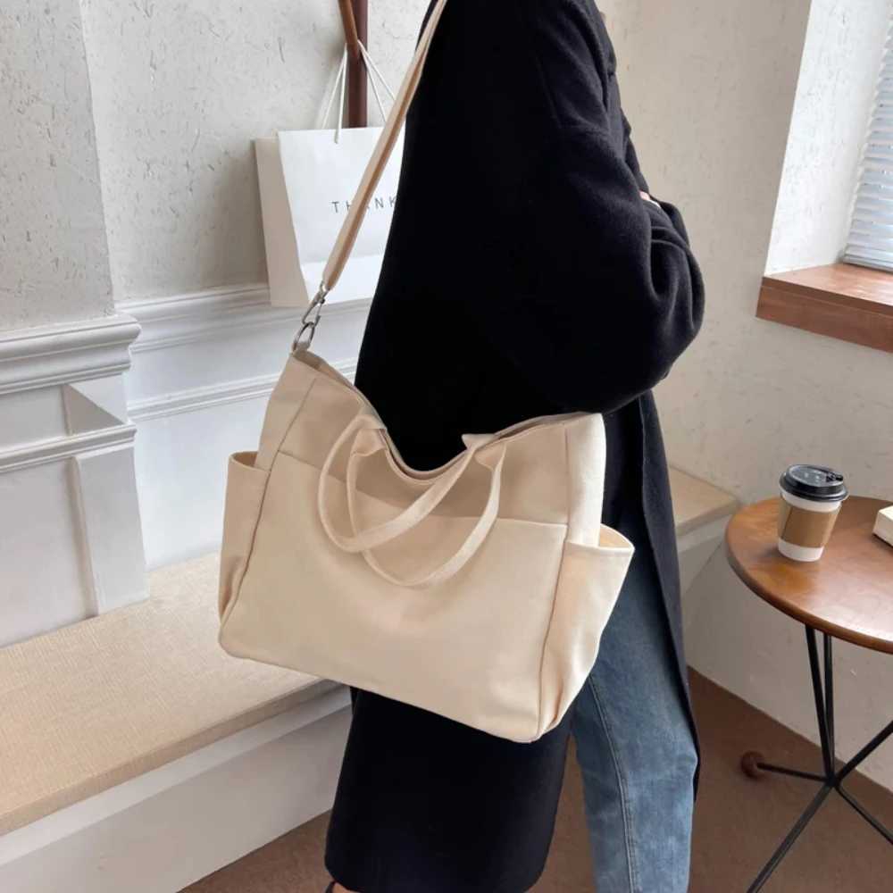 Ins Lazy Wind Canvas Large Bag New Korean Version Single Shoulder Horizontal Bag Womens Simple Literature Solid Color Y241011