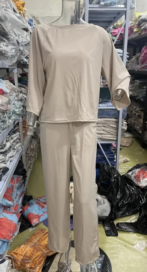 Two piece womens bat wing set top round neck zipper strap spliced glitter pants pocket regular casual sports 241008