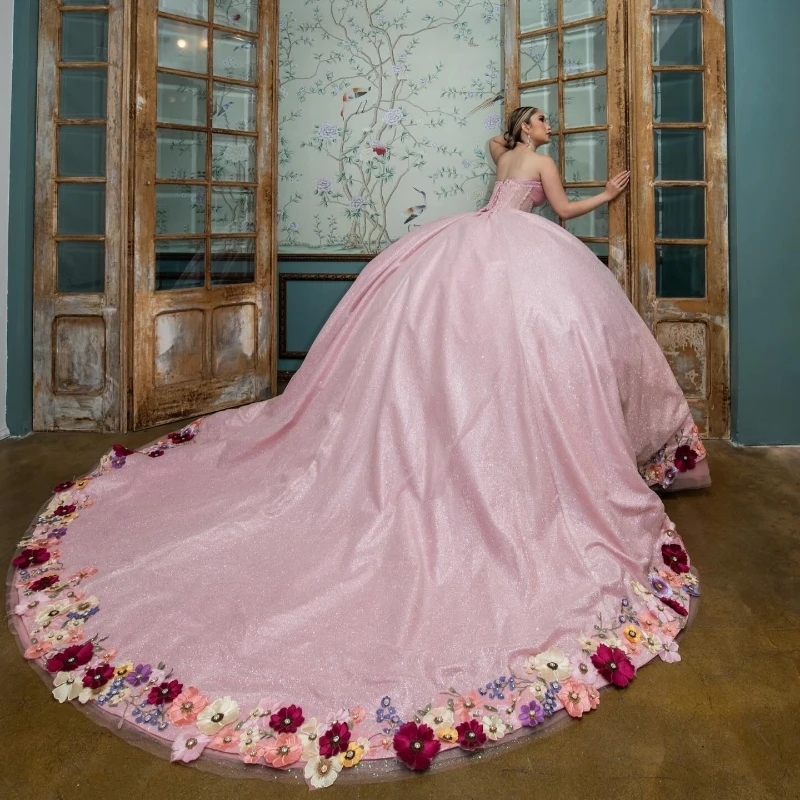 Sparkling Pink Sweetheart Quinceanera Dresses Off the Shoulder Beads Crystal Applique Party Sweet 16 Ball Gown Graduation Vestidos De 15 Anos