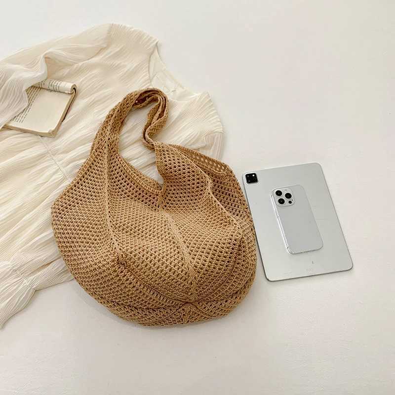 Womens crochet handbag mesh beach bag large capacity fashionable knitted shoulder bag solid color simple shopping bag Y241011