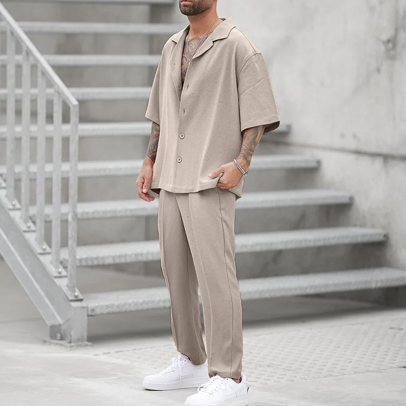2024 Summer Fashion Two Piece Suits Mens Clothing Casual Short Sleeve Lapel Button Shirt And Pants Set For Men Leisure Outfits 241008