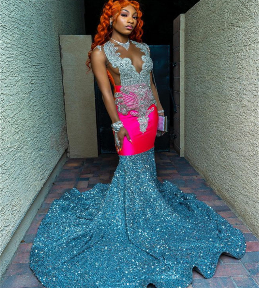 Unique Silver And Hot Pink Evening Dress 2025 Beaded Crystal Mermaid African Black Girls Prom Dresses Sequin Open Back Birthday Formal Occasion vestid