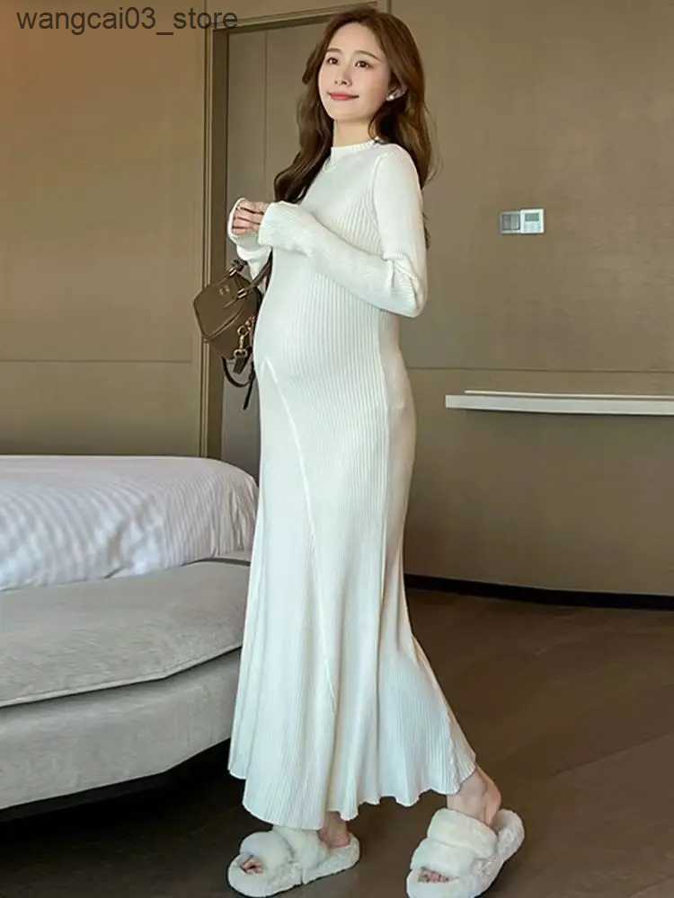 Maternity Dresses Korean Style Maternity Knitted Dress Solid Color Short Sleeve V-Neck High Waist Pregnant Woman Stretched Dresses Pregnancy Dress L24