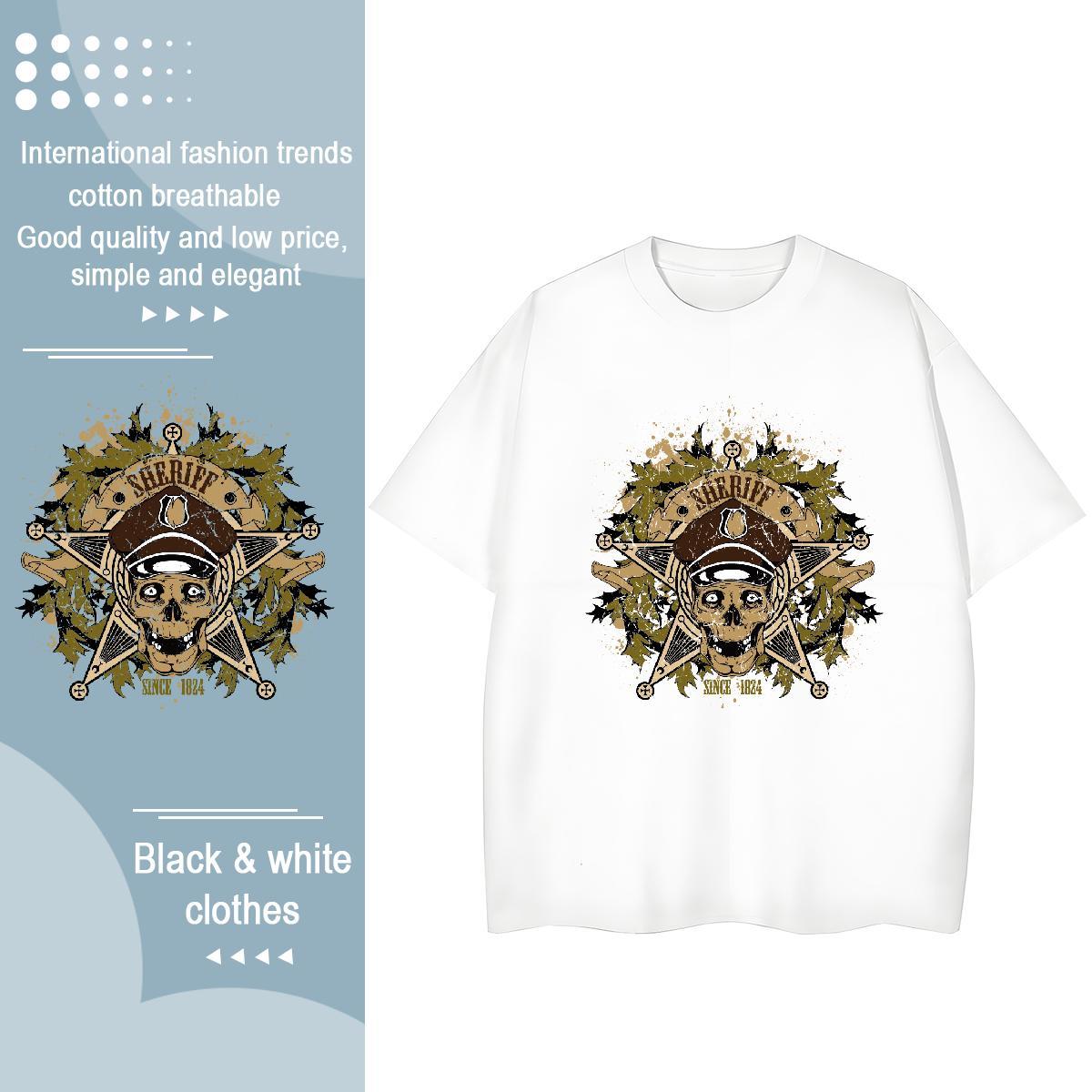 Casual New T-Shirts for Women 230g Cotton Crew Neck Breathable Street Wear skull Woman Tshirt Nice Cartoon Floral Printing Clothes