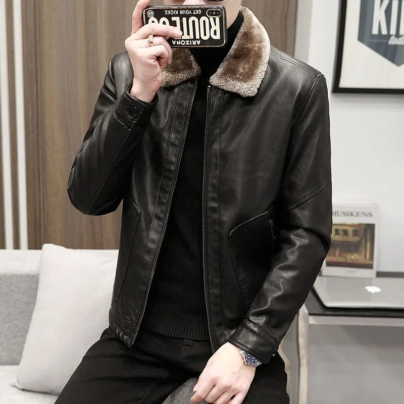 Mens artificial fur plush leather jacket mens thick wool Pu leather jacket mens casual ultra-thin windproof jacket winter velvet warm 240927