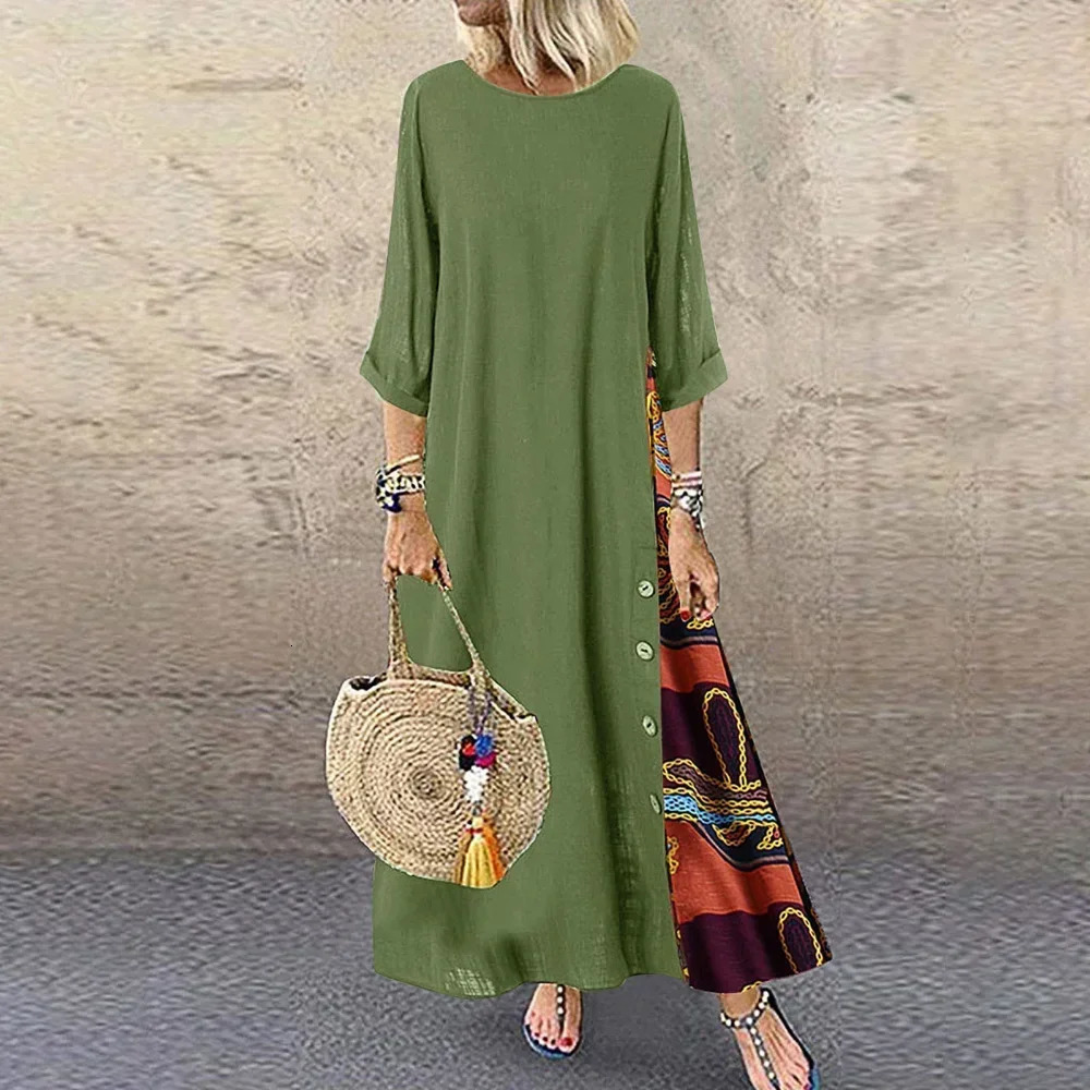 Summer vintage Maxi dress womens loose fashion ethnic style casual womens dress long robe womens cotton linen long skirt 241010