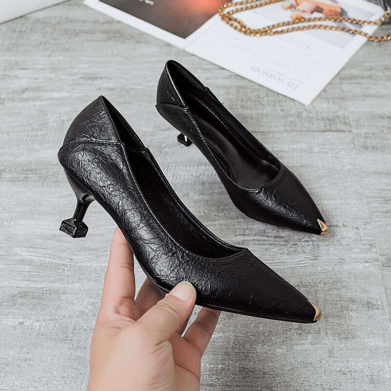 Women shoes black bottom heels genuine leather high slim heels new versatile pointed comfortable single shoes women's work shoes