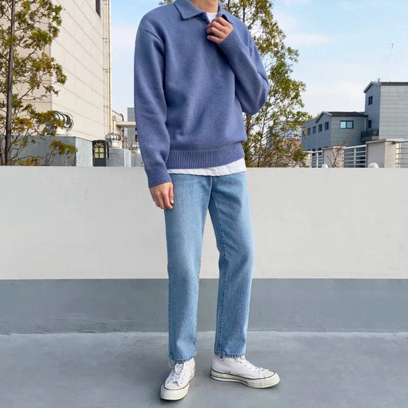 IEFB Korean Fashion Chic Lapel Pullover Knitting Tops Mens Autumn Winter Loose Long Sleeve Sweater Vintage Kinttwear 241007