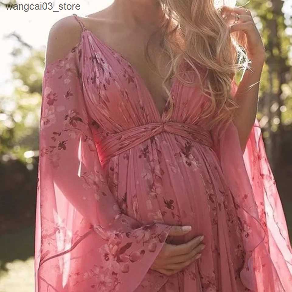 Maternity Dresses Maternity Dress for Photoshoot Women Summer Floral Thin Chiffon Ankle-Length Dresses Pregnancy Sukienka Female Belly Beach Dress L24