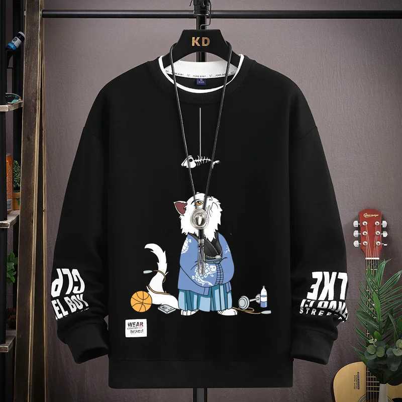 Autumn Mens Sweater Japan Cartoon Cat Printed Sweatshirt Harajuku High Street Trendy Long Sleeve O Neck T-shirt Mens Clothing LX241011