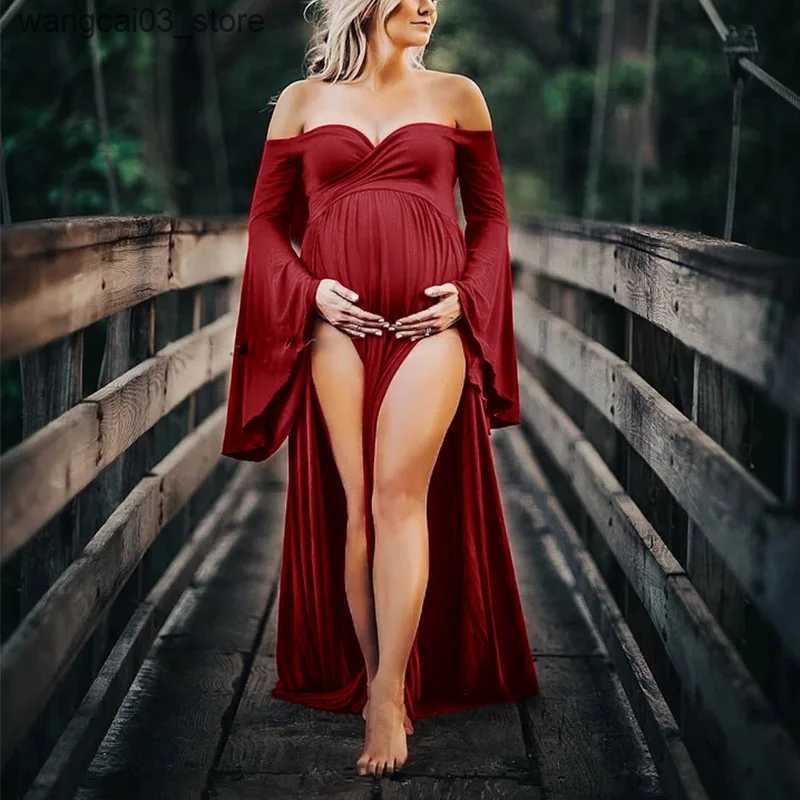 Maternity Dresses Flare Sleeve Maternity Dresses Photoshoot Slit Long Vestidos Shoulderless Baby Shower Dress for Pregnant Woman Photo Session L240910