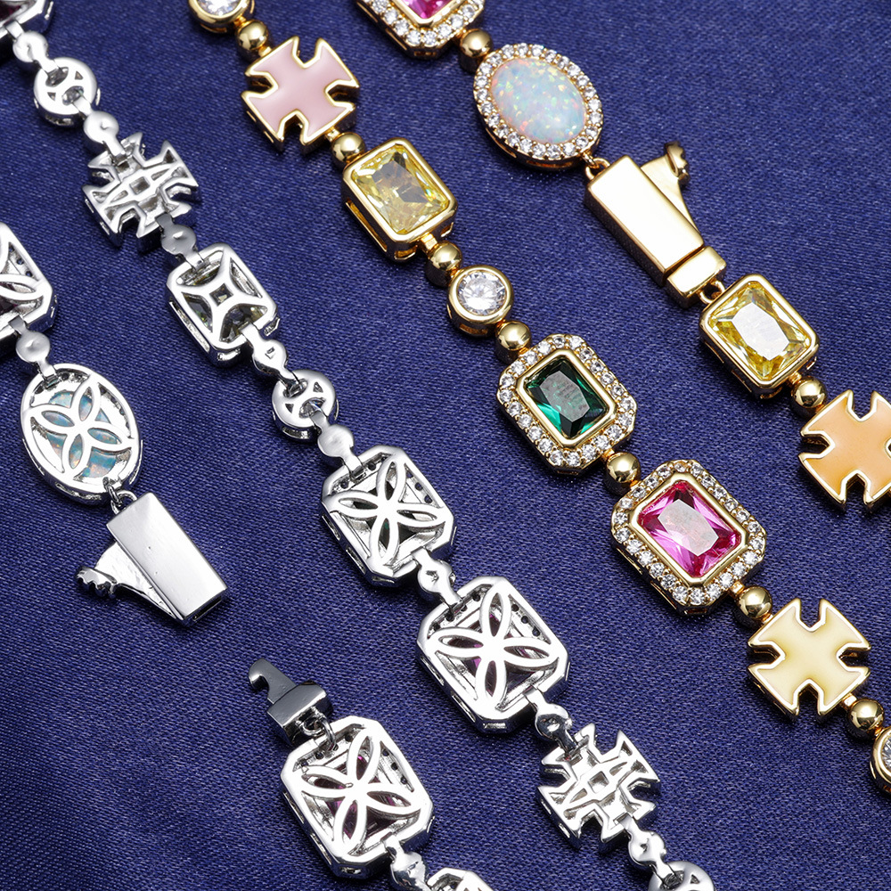 Hip Hop Cross Tennis Chain Necklaces Bracelet Colored Gemstone Jewelry Men Women