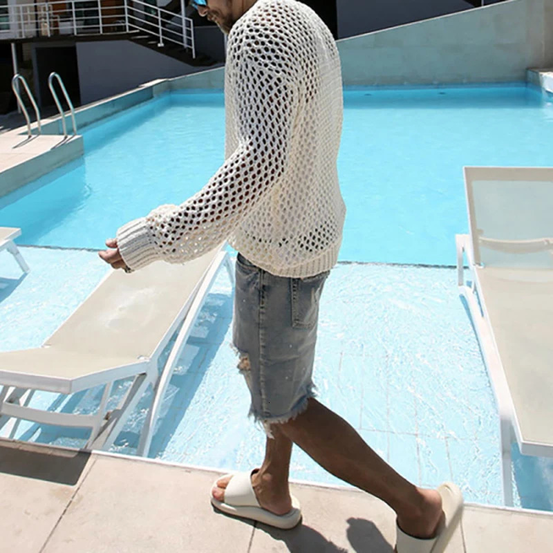 Knit Mens t-Shirt 2024 Spring Summer Long Sleeve Lightweight Tops Fashion Hollow Out Casual Vacation Men Clothing Pullovers 241011