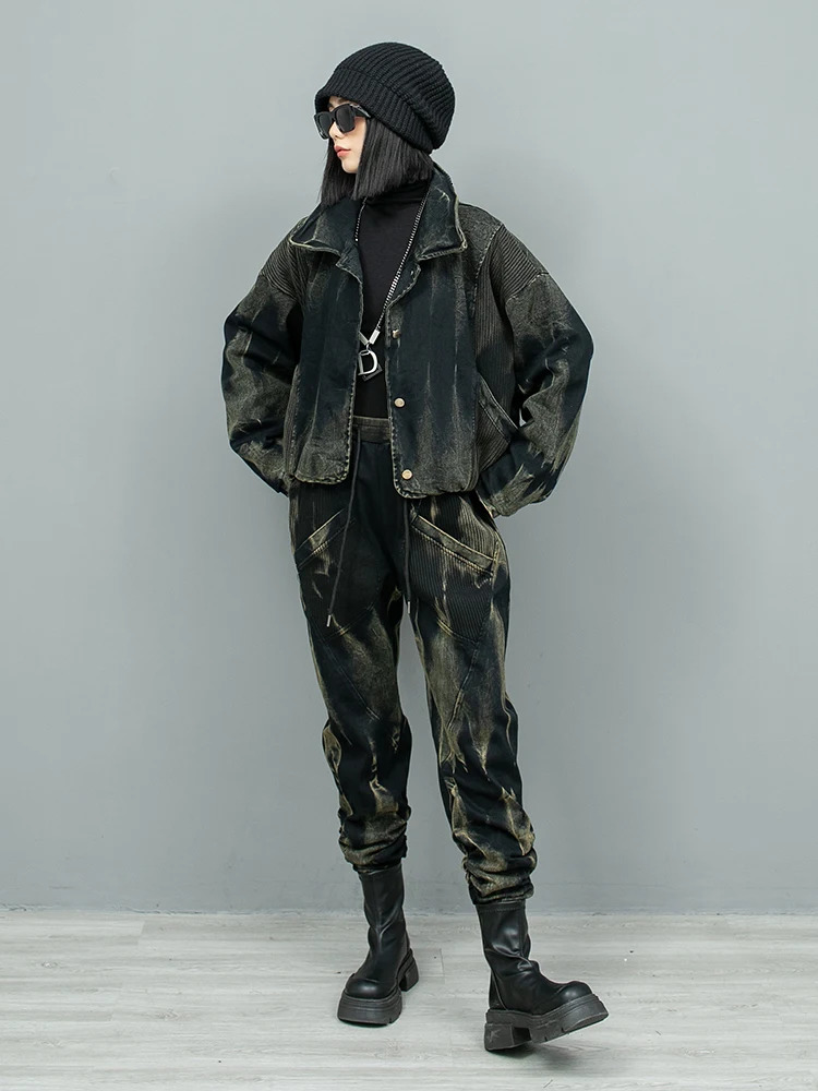 Personalized retro denim patch work knit wool jacketsmall leg harem pants two-piece set for women autumn/winter ZF239 241010