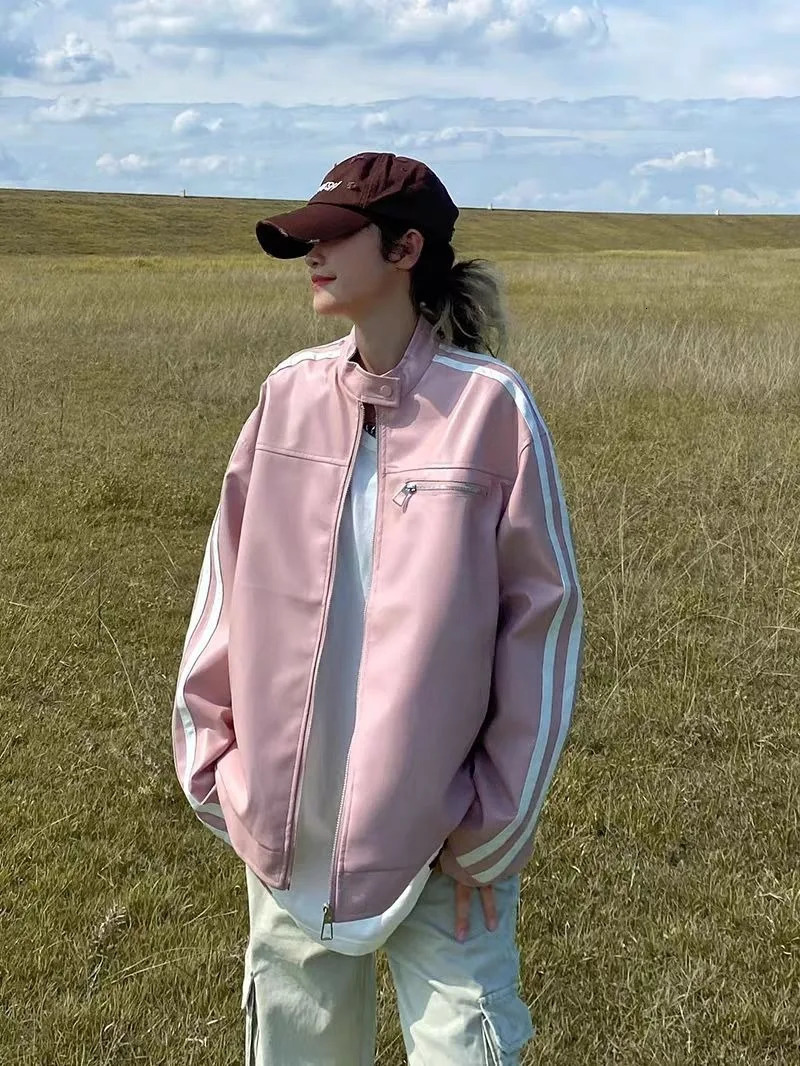 Y2K American geometric pink leather jacket for womens street retro fashion sweet and cool motorcycle style PU leather jacket 241011