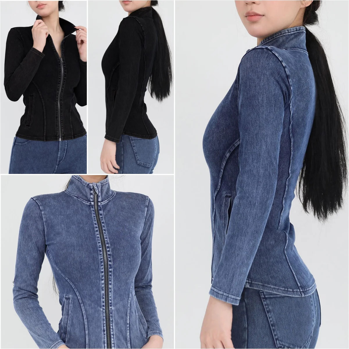 Womens yoga jacket elastic denim fitness sports and leisure full zipper gym top slim fit long sleeved womens sportswear 241010
